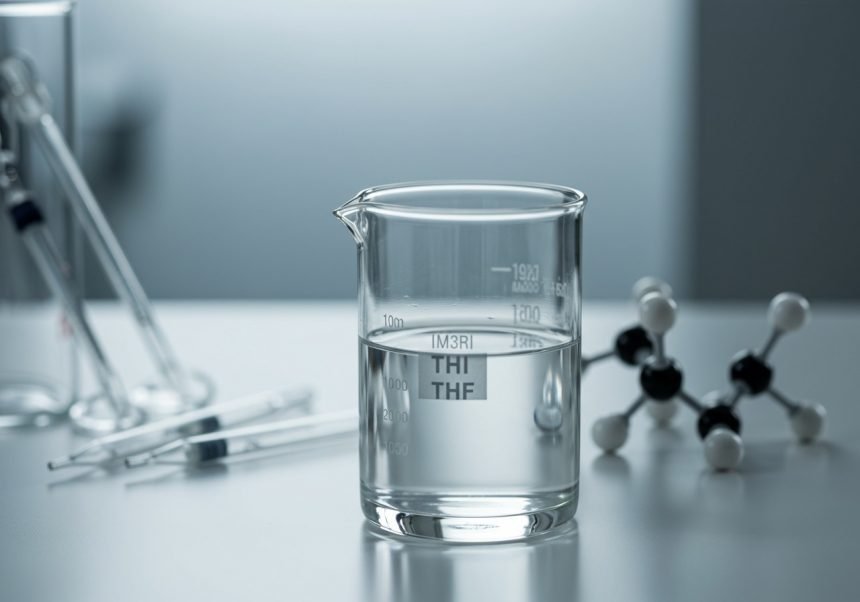 Ein Becher mit klarem Tetrahydrofuran (THF) und Molekülmodell im Hintergrund.