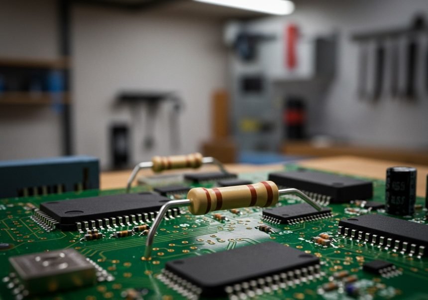 Nahaufnahme einer Leiterplatte mit Thermistoren und Mikroprozessoren.