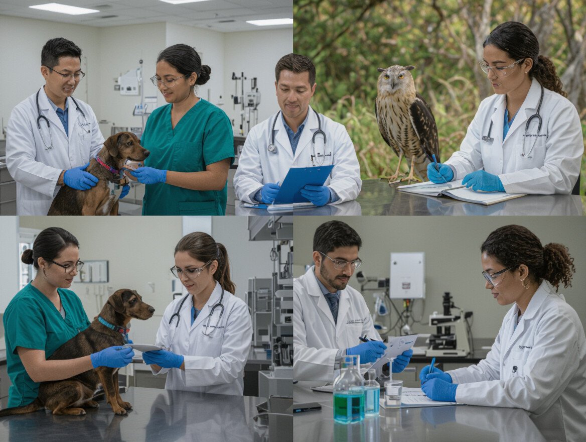 Tierärzte untersuchen Hunde und arbeiten im Labor mit Tieren.