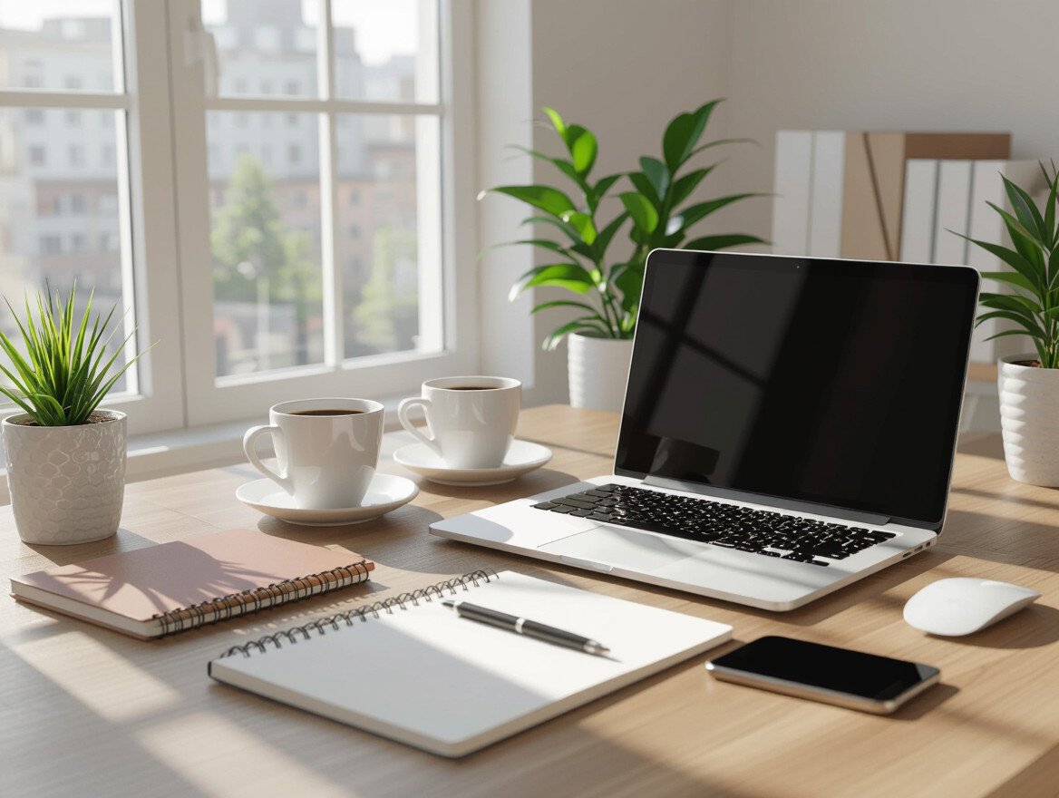 Ein moderner Schreibtisch mit Laptop, Notizbuch und Kaffeetassen.