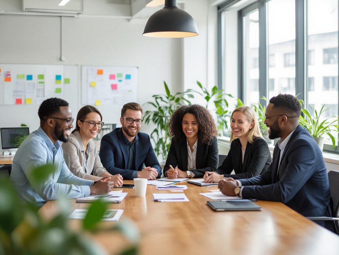 Eine Gruppe von sechs Personen in einem modernen Büro, die freundlich diskutieren.