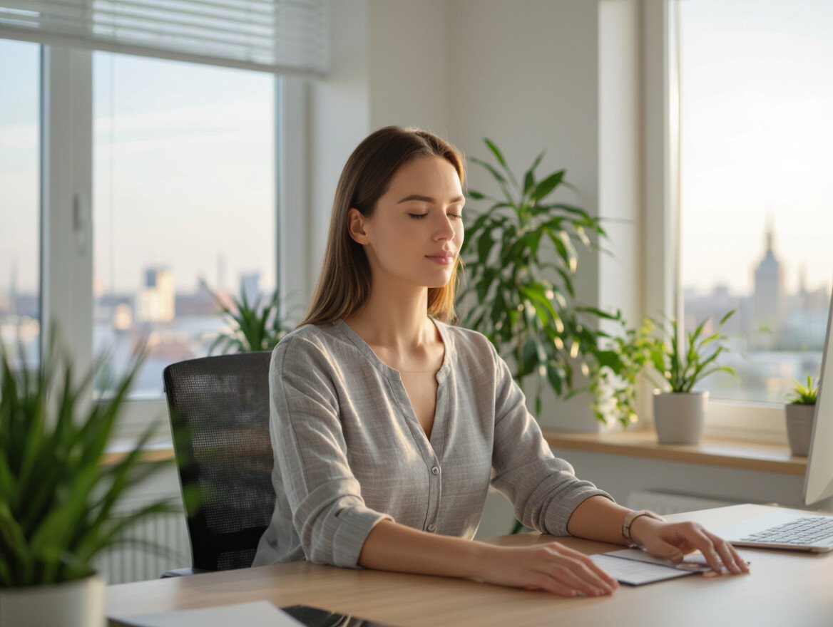 Eine Frau meditiert entspannt an ihrem Schreibtisch im Büro mit Pflanzen.