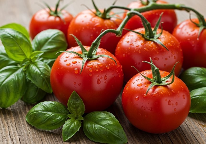 Frische, saftige Tomaten mit Basilikumblättern auf einem Holztisch.