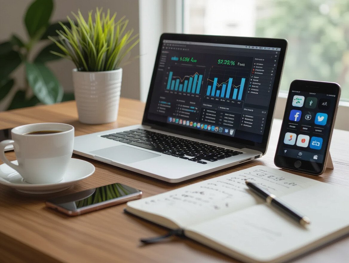 Ein Schreibtisch mit Laptop, Smartphone, Kaffeetasse und Notizbuch, ideal für digitales Marketing.