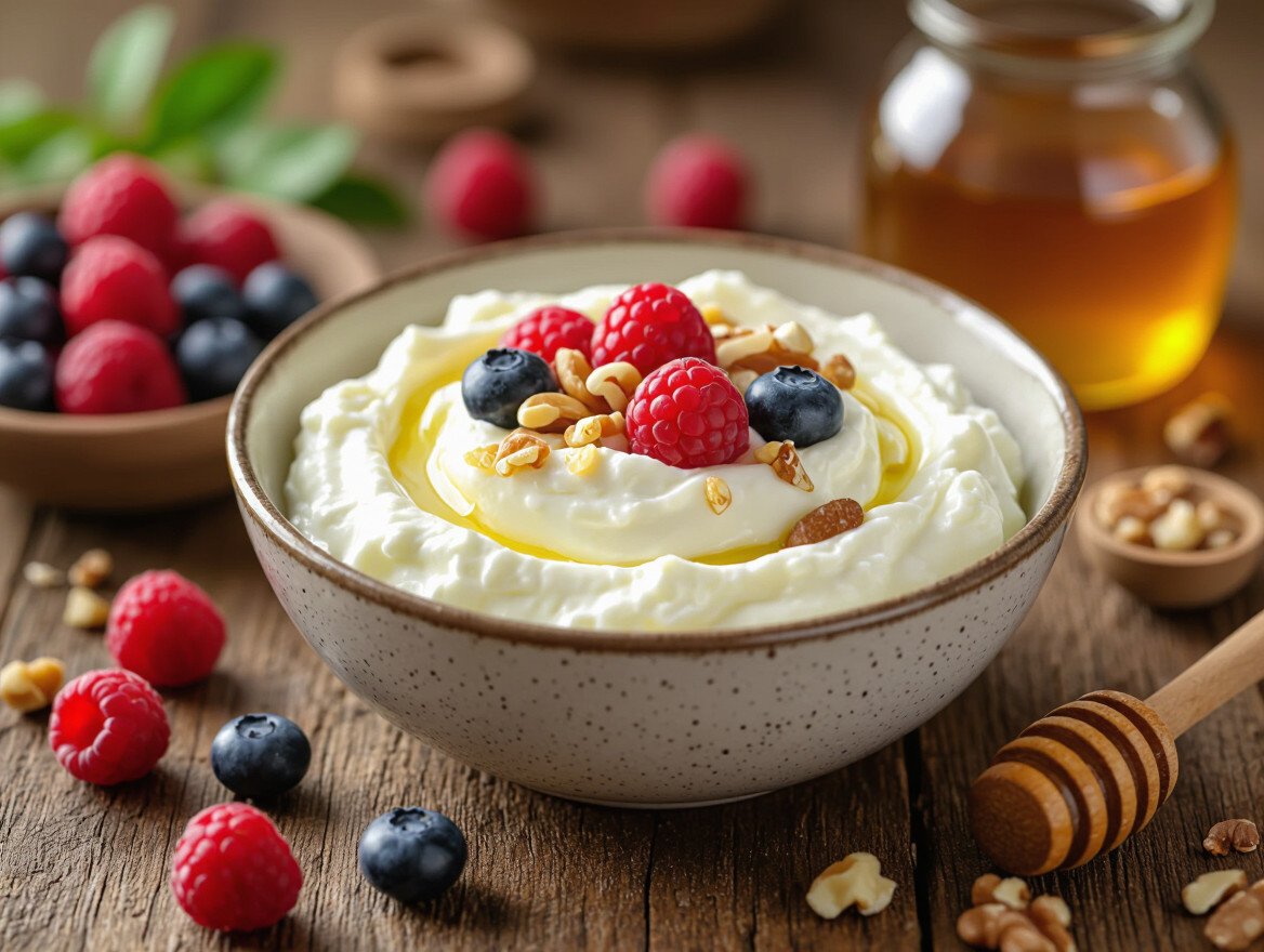 Eine Schüssel Topfen mit frischen Himbeeren, Heidelbeeren und Nüssen.
