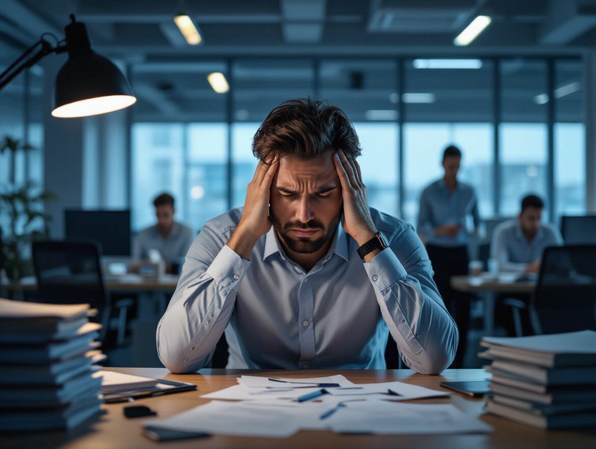 Ein gestresster Mann sitzt an einem Schreibtisch voller Unterlagen und sieht besorgt aus.