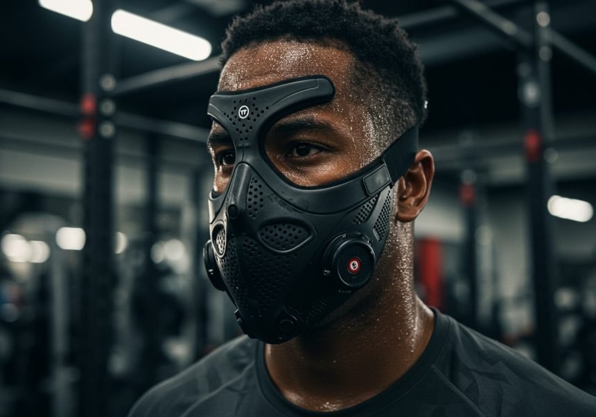 Ein Sportler trägt eine Trainingsmaske im Fitnessstudio während des Trainings.