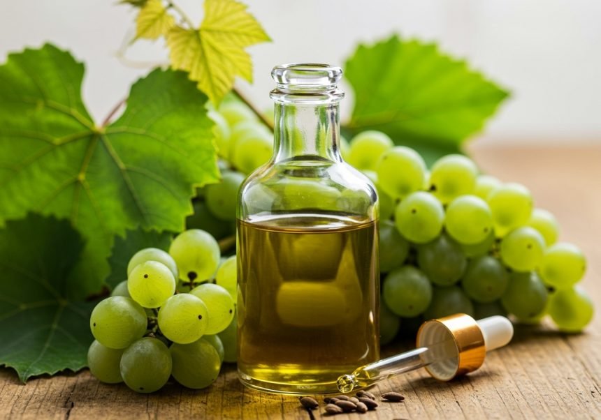 Eine Flasche mit Traubenkernöl steht neben frischen grünen Trauben und Blättern.
