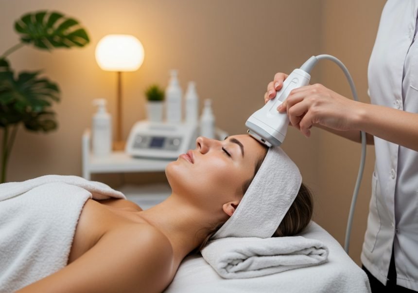 Eine Frau erhält eine Ultraschall-Gesichtsbehandlung zur Hautverjüngung.