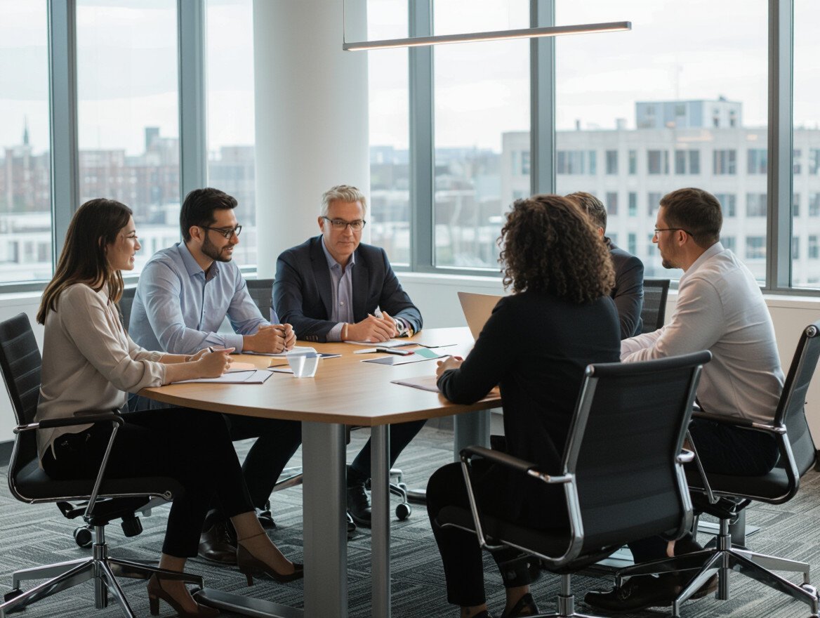 Eine Gruppe von sechs Personen in einem modernen Büro bei einer Besprechung.