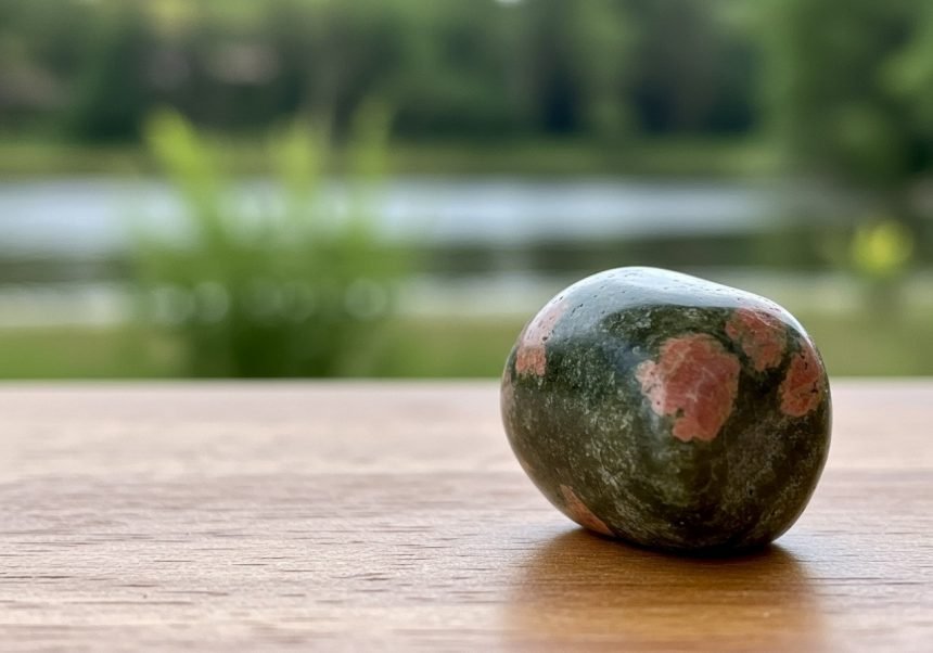 Ein Unakit-Kristall auf einem Holzuntergrund, mit unscharfem Hintergrund.