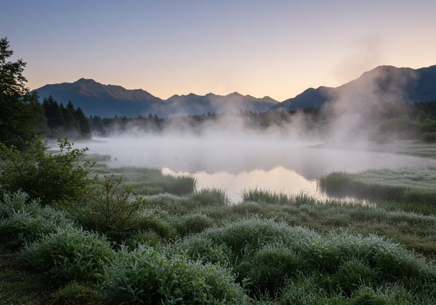 Ein ruhiger See umgeben von Nebel und Bergen in der Morgendämmerung.