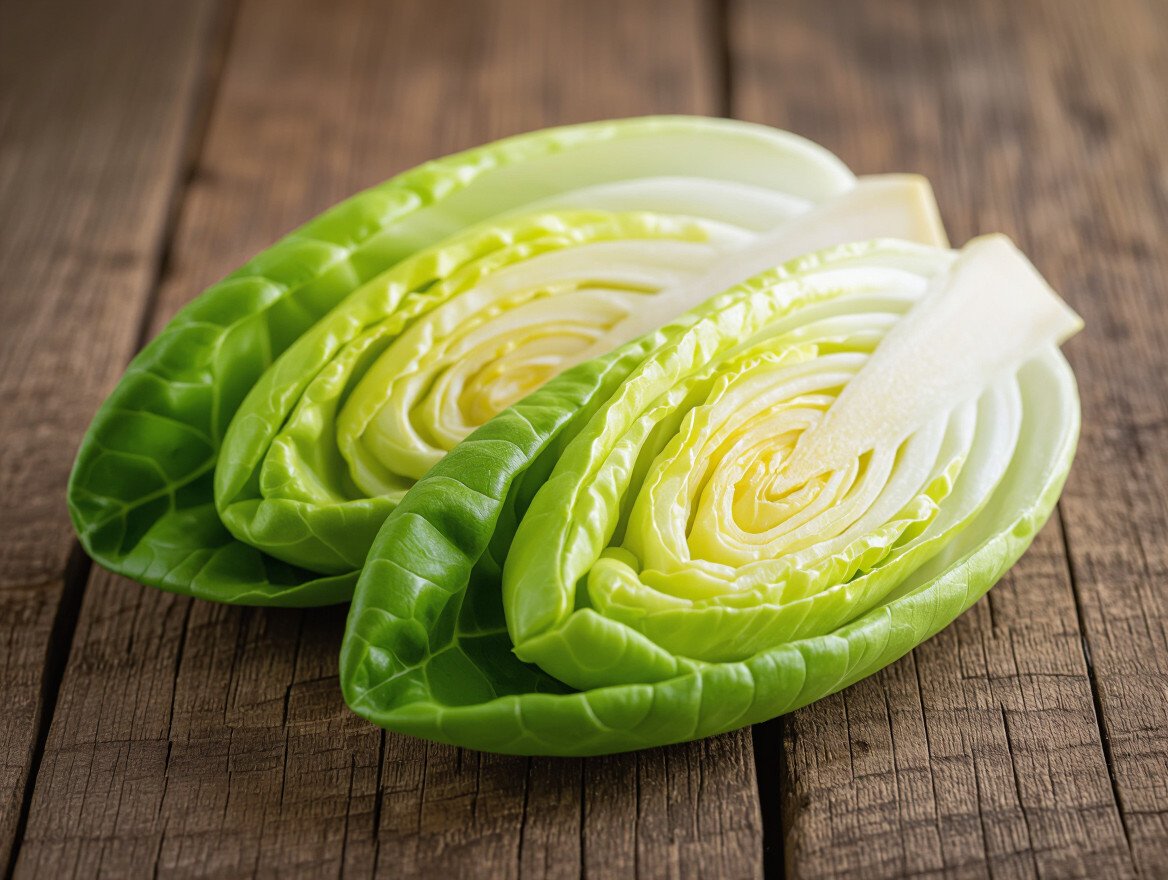 Frische Endivienblätter auf einem Holztisch, grün und knackig.