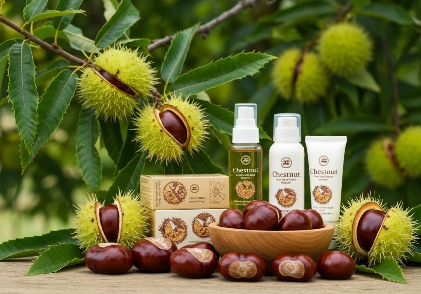 Eine Auswahl an Kastanienprodukten und frischen Kastanien in der Natur.