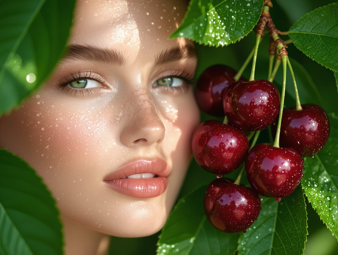 Eine Frau mit strahlender Haut steht neben frischen, saftigen Kirschen.