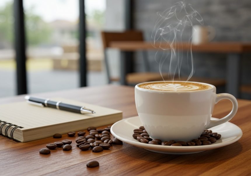 Eine dampfende Tasse Kaffee auf einem Tisch, umgeben von Kaffeebohnen.