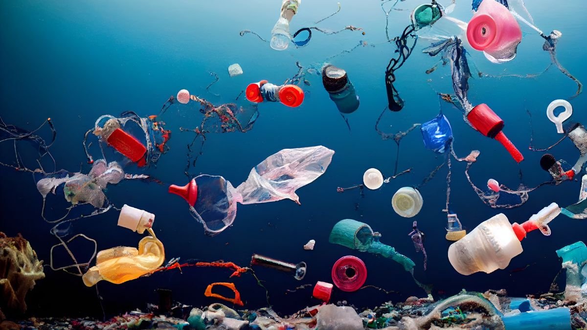 Verschiedene Plastikabfälle schwimmen im Wasser und gefährden die Umwelt.