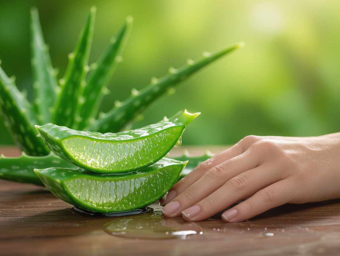 Eine Hand berührt frische Aloe-Vera-Blätter auf einem Holztisch.