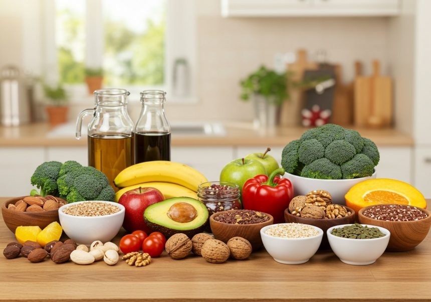 Eine Auswahl an frischem Obst, Gemüse, Nüssen und Ölen auf einem Tisch.