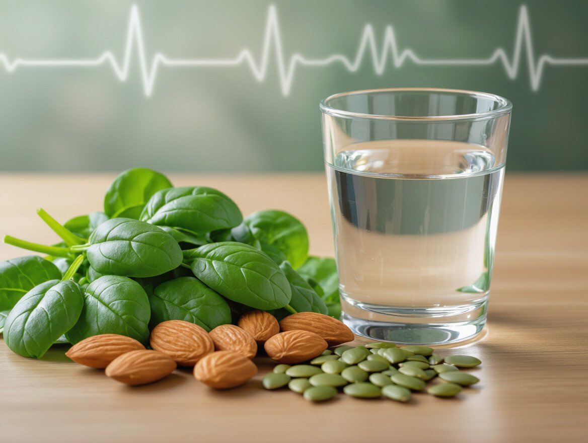 Ein Glas Wasser neben frischem Spinat, Mandeln und Kürbiskernen auf einem Tisch.