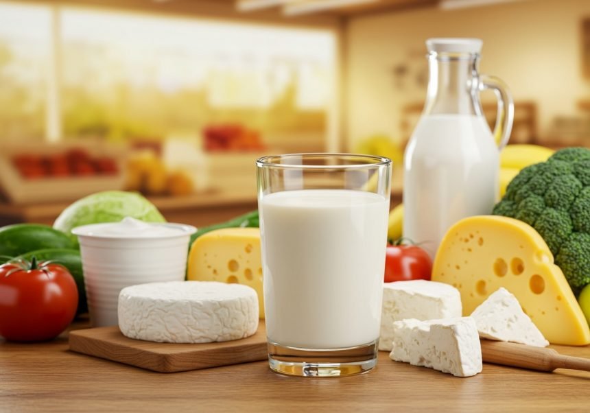 Ein Glas Milch steht vor einer Auswahl an frischen Lebensmitteln wie Käse, Gemüse und Obst.