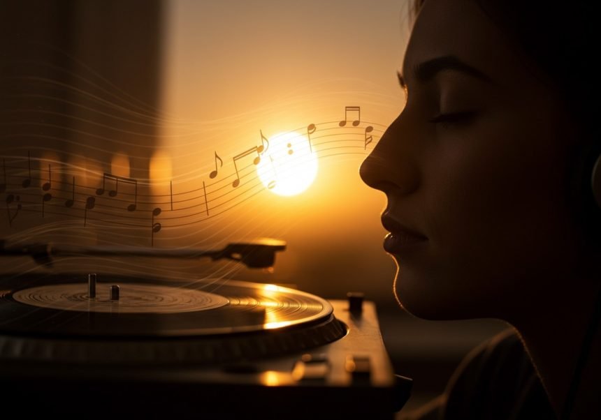 Eine Frau hört Musik an einem Plattenspieler bei Sonnenuntergang.