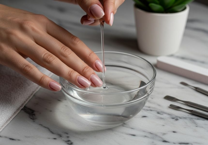 Eine Hand mit gepflegten Nägeln taucht einen Pinsel in eine Schüssel mit Nagellackentferner.