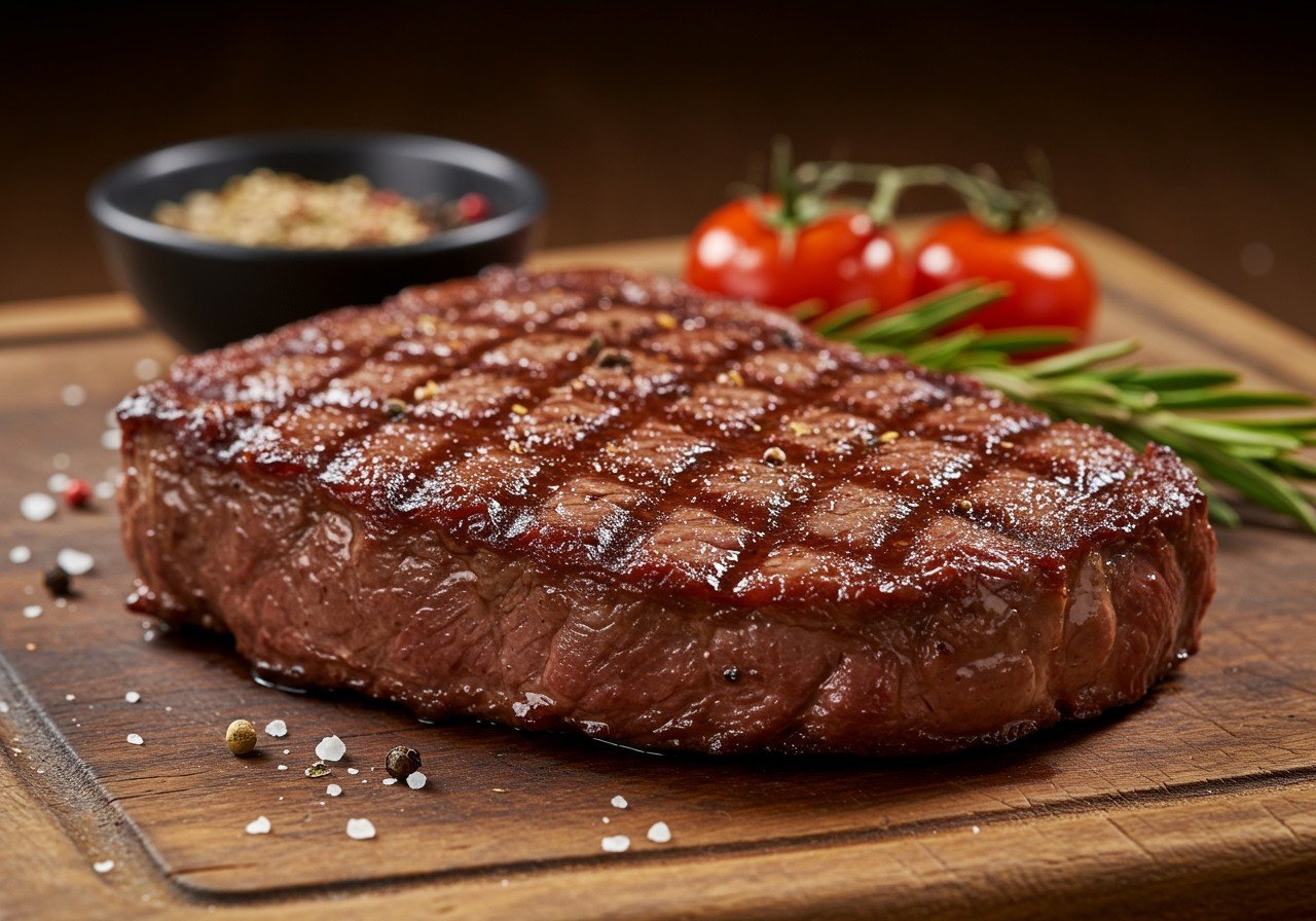 Ein saftiges Rindersteak auf einem Holzbrett, umgeben von Gewürzen und Tomaten.