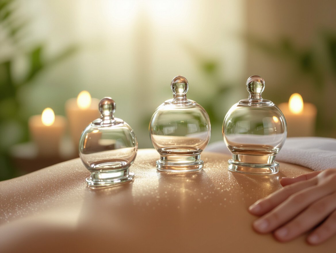 Drei Schröpfgläser auf einem Rücken, umgeben von sanftem Licht und Kerzen.