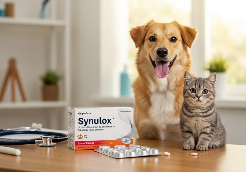 Ein Hund und eine Katze sitzen neben einer Synulox-Packung auf einem Tisch.