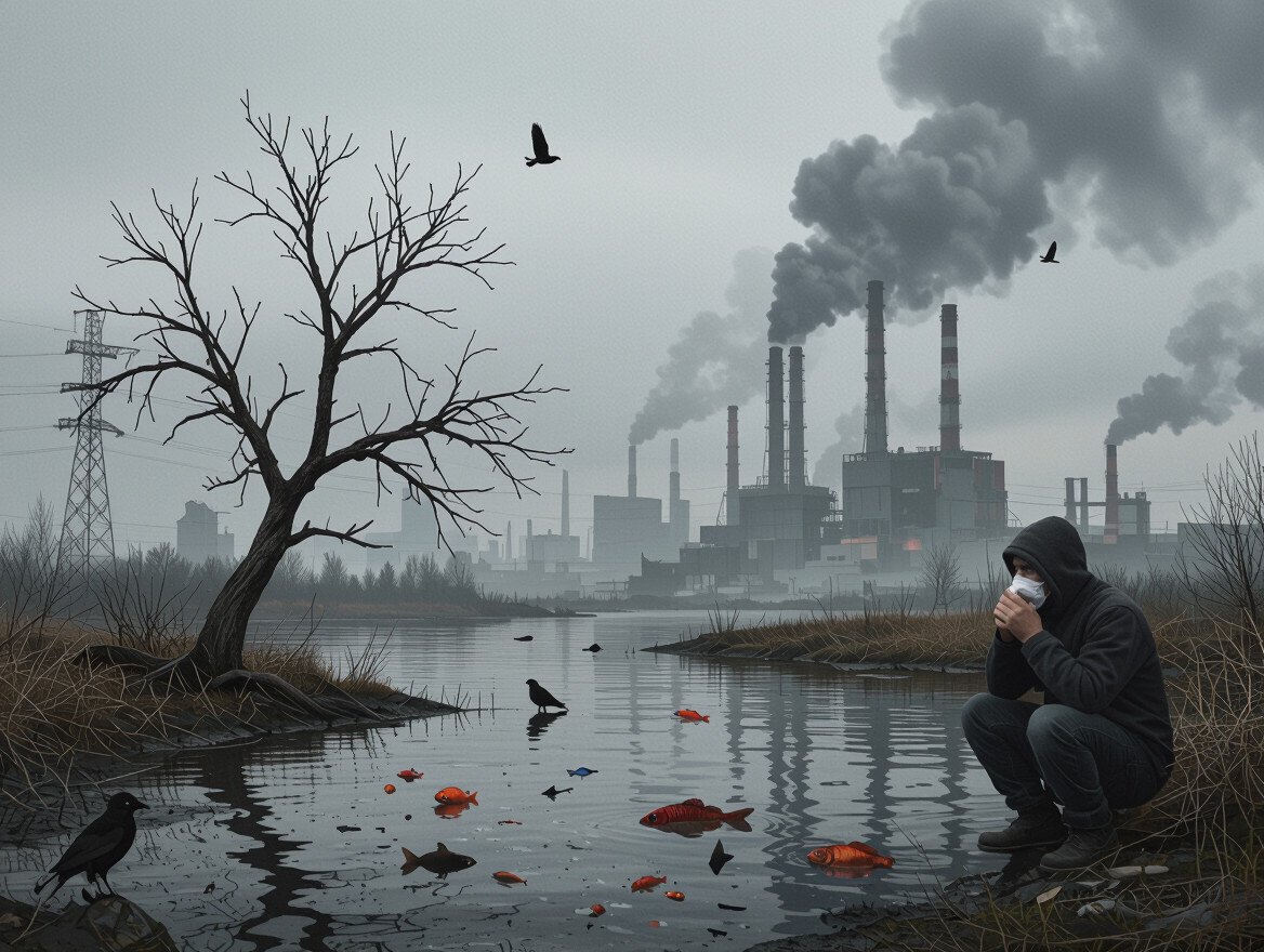 Ein Mann in einer Maske sitzt am Ufer eines verschmutzten Gewässers mit toten Fischen.