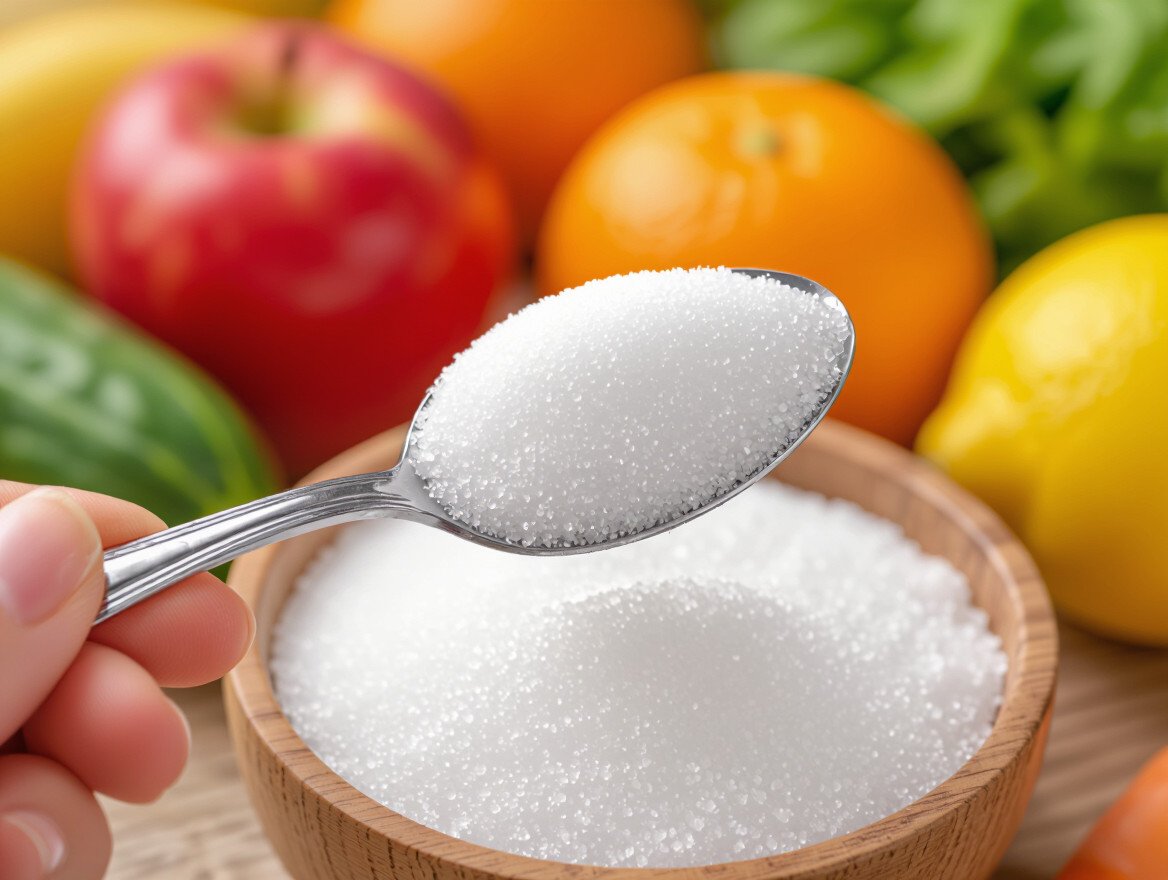 Ein Löffel Zucker über einer Schüssel mit Zucker und frischen Früchten.