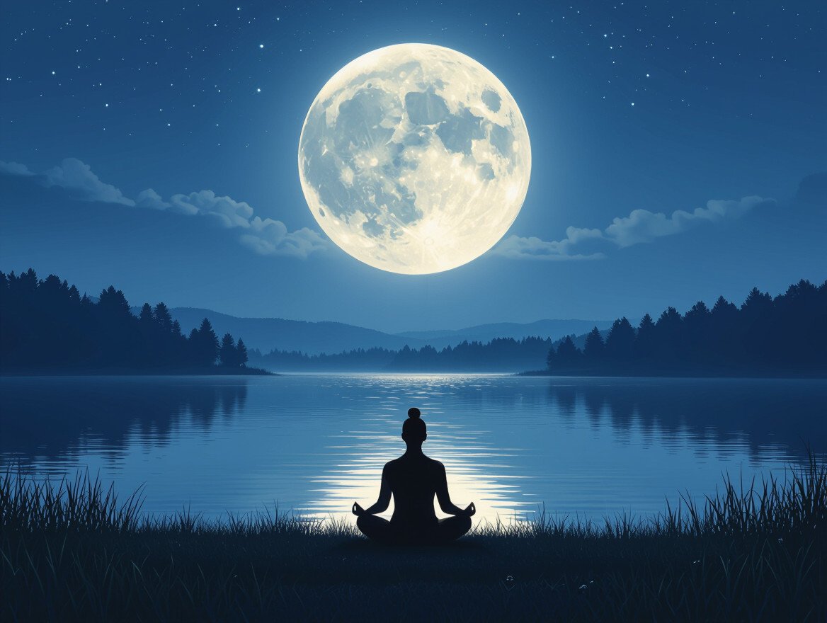 Eine meditierende Person sitzt am Ufer eines ruhigen Sees unter dem Vollmond.