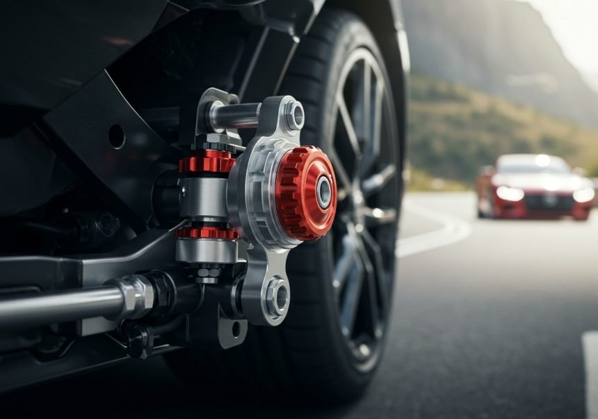 Nahaufnahme eines verstellbaren Fahrwerks mit rotem Einstellknopf an einem Auto.