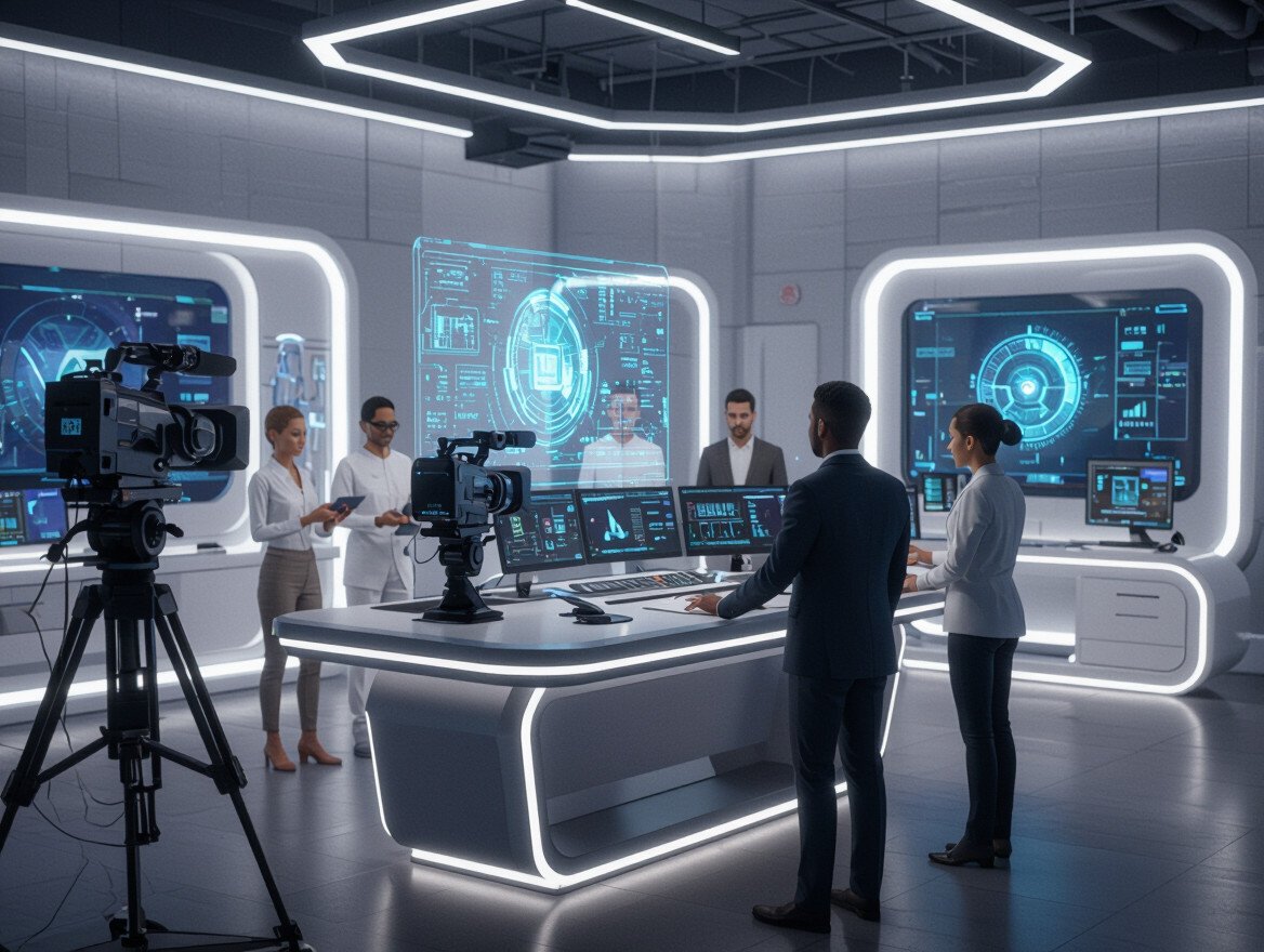 Ein modernes Studio mit Kameras und holografischen Displays, die kreative Arbeit zeigen.