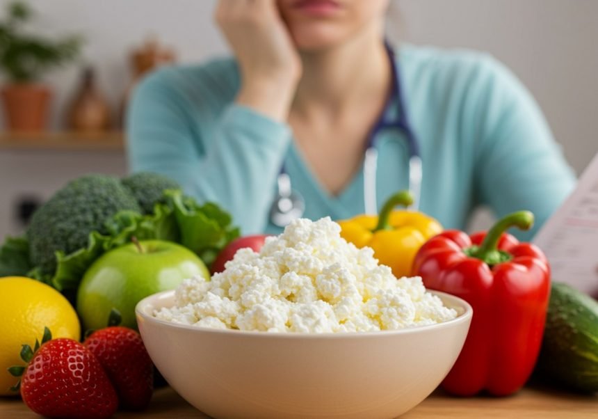 Eine Schüssel mit Topfen umgeben von frischem Obst und Gemüse, während eine besorgte Person im Hintergrund sitzt.
