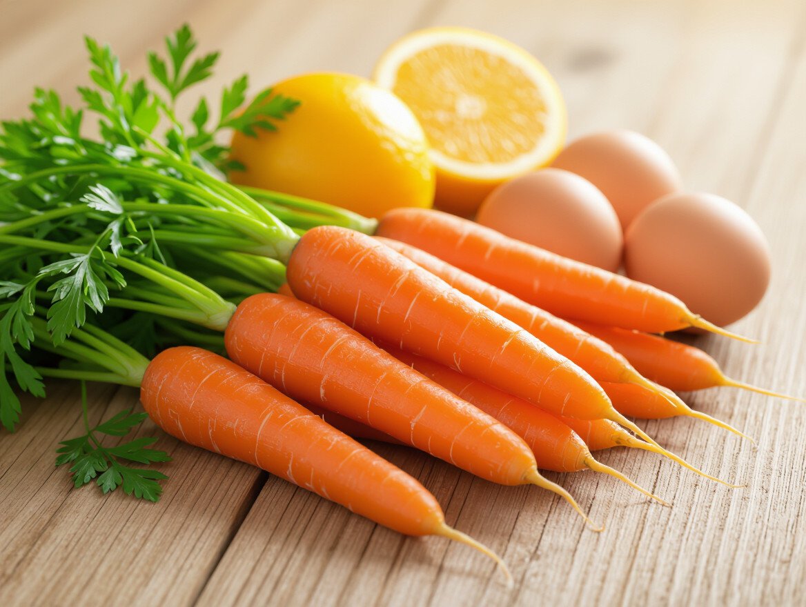 Frische Karotten, Zitrone und Eier auf einem Holztisch