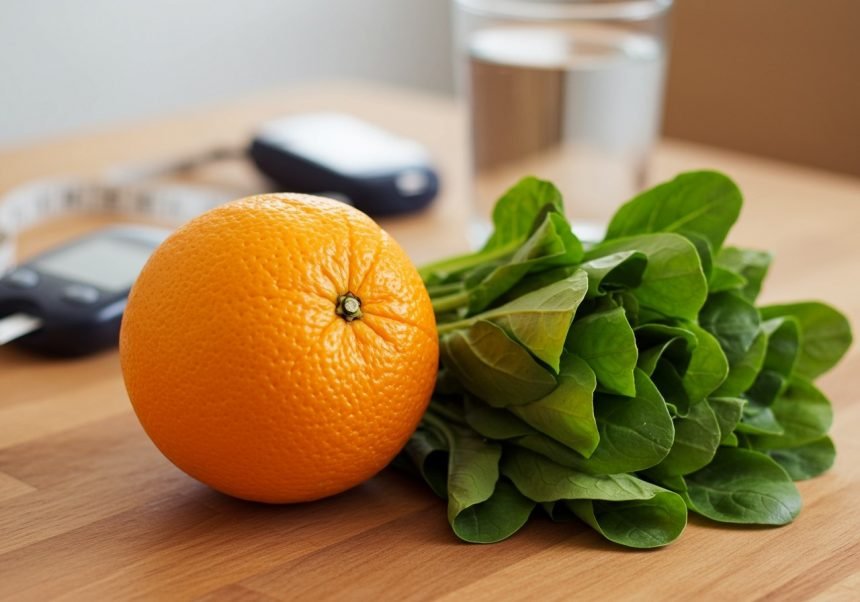 Eine Orange und frischer Spinat liegen auf einem Holztisch, im Hintergrund ein Blutzuckermessgerät.