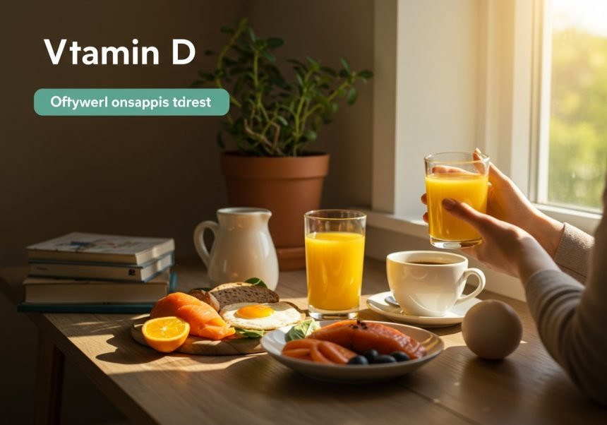 Ein Frühstückstisch mit frischen Lebensmitteln, darunter Obst und Getränke, die Vitamin D enthalten.
