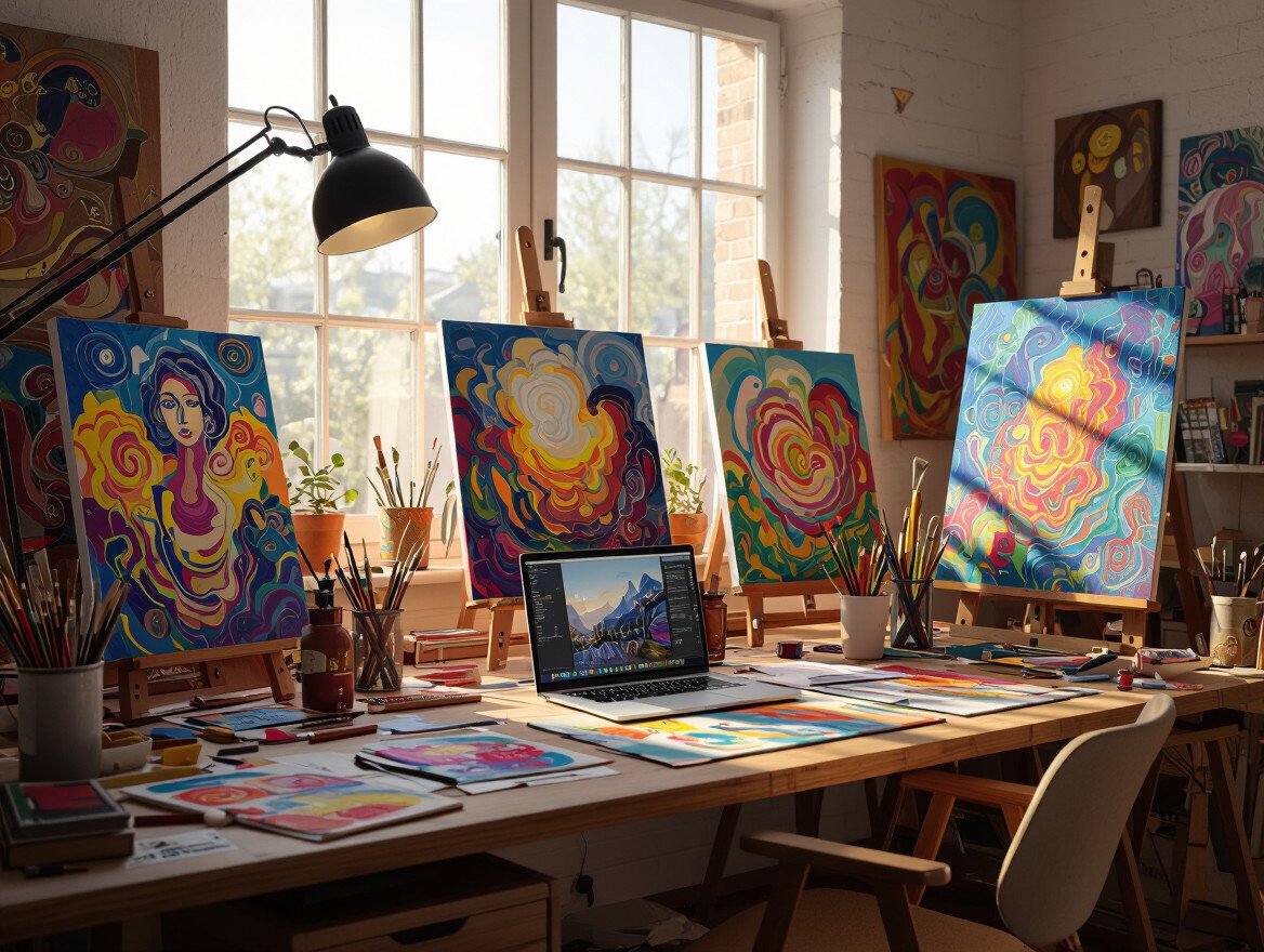 Ein kreatives Atelier mit bunten Gemälden und Malutensilien auf einem Tisch.