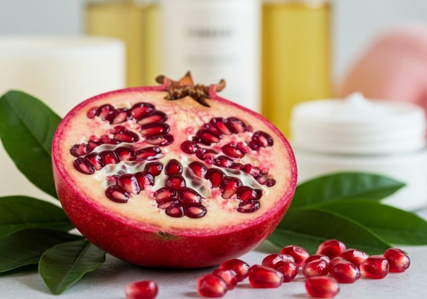 Eine aufgeschnittene Granatapfelhälfte mit leuchtend roten Samen und grünen Blättern.