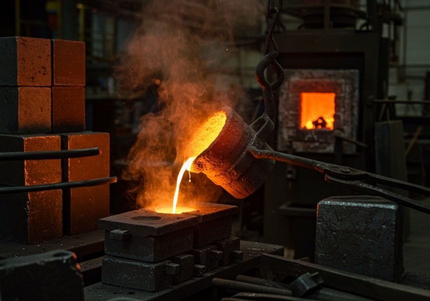 Ein Schmelzprozess, bei dem flüssiges Metall in Formen gegossen wird.