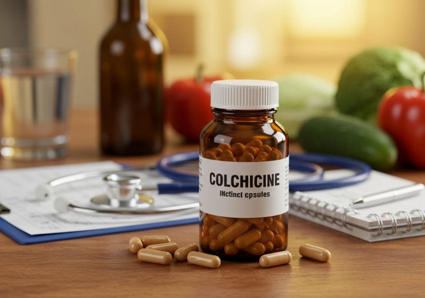 Eine Flasche Colchicin-Kapseln steht auf einem Tisch mit medizinischen Utensilien.