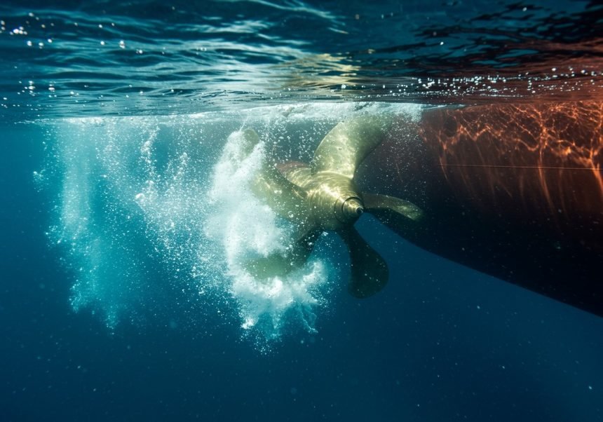 Eine Schiffsschraube unter Wasser, die Blasen und Spritzer erzeugt.