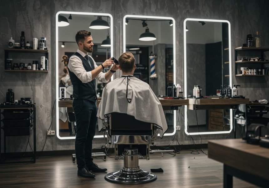 Ein Friseur schneidet einem Kunden im modernen Barbershop die Haare.