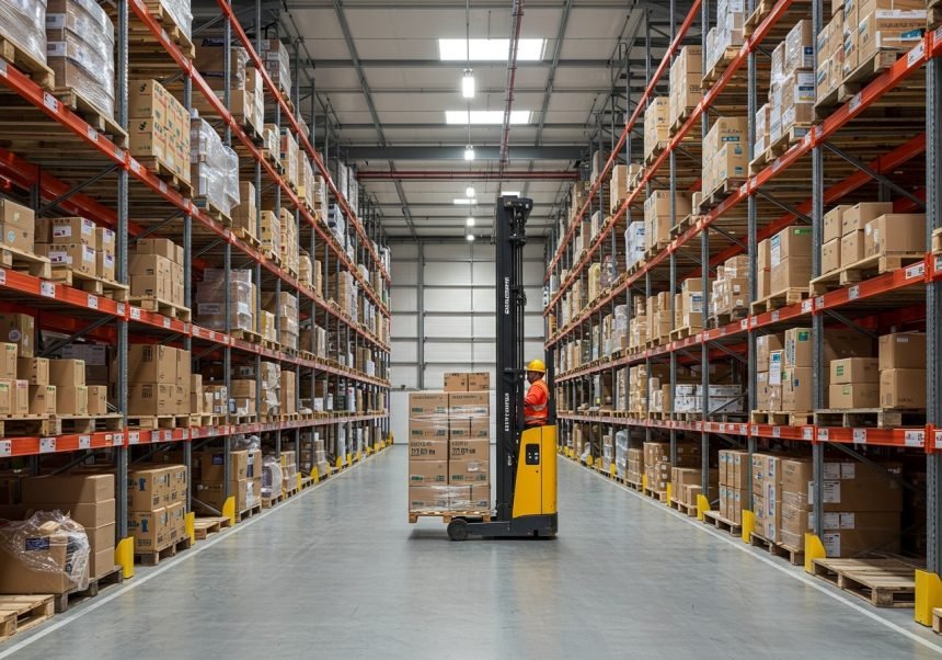 Ein Gabelstapler bewegt Kisten in einem modernen Lager mit hohen Regalen.