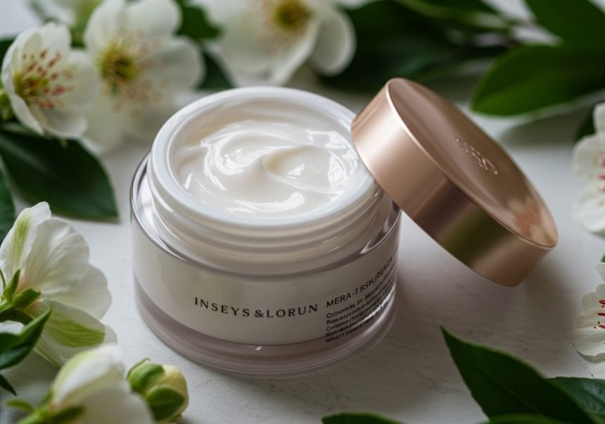 Ein offenes Cremetiegel mit einer weißen Creme, umgeben von Blumen und Blättern.