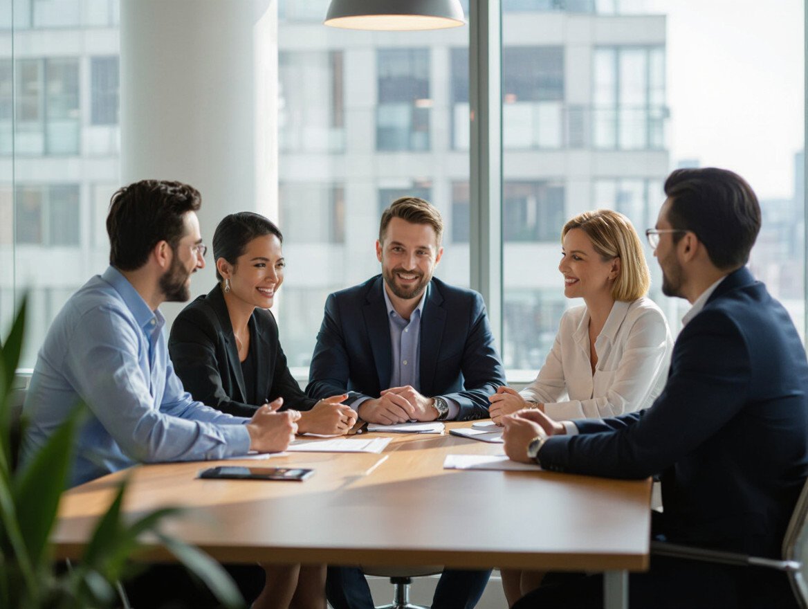 Eine Gruppe von fünf Personen in einem modernen Büro, die an einem Tisch diskutieren.