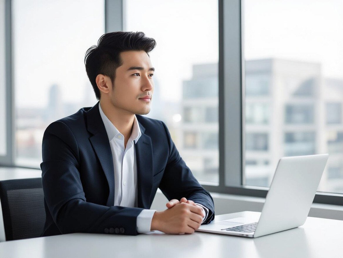 Ein junger Mann in einem Anzug sitzt nachdenklich an einem Schreibtisch mit Laptop.