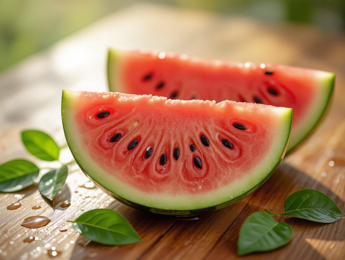 Zwei frische Wassermelonenhälften auf einem Holzbrett mit grünen Blättern.